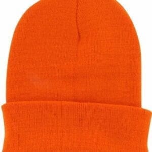 A bright orange beanie hat is shown.