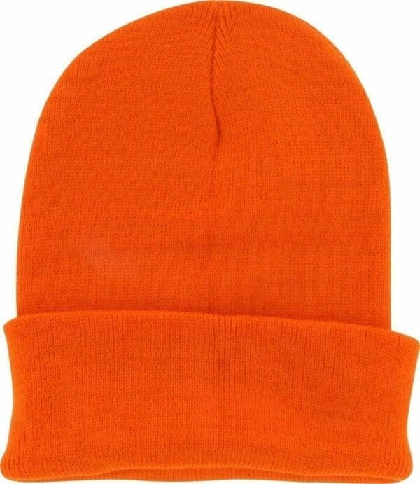 A bright orange beanie hat is shown.