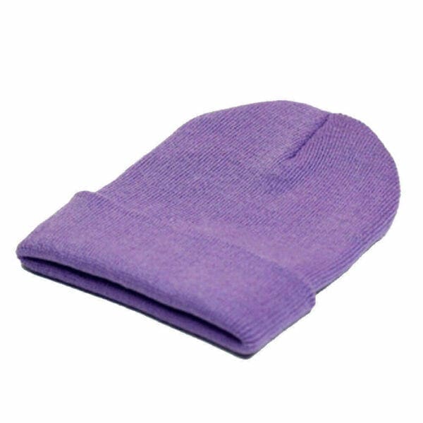 A purple beanie hat is shown on a white background.