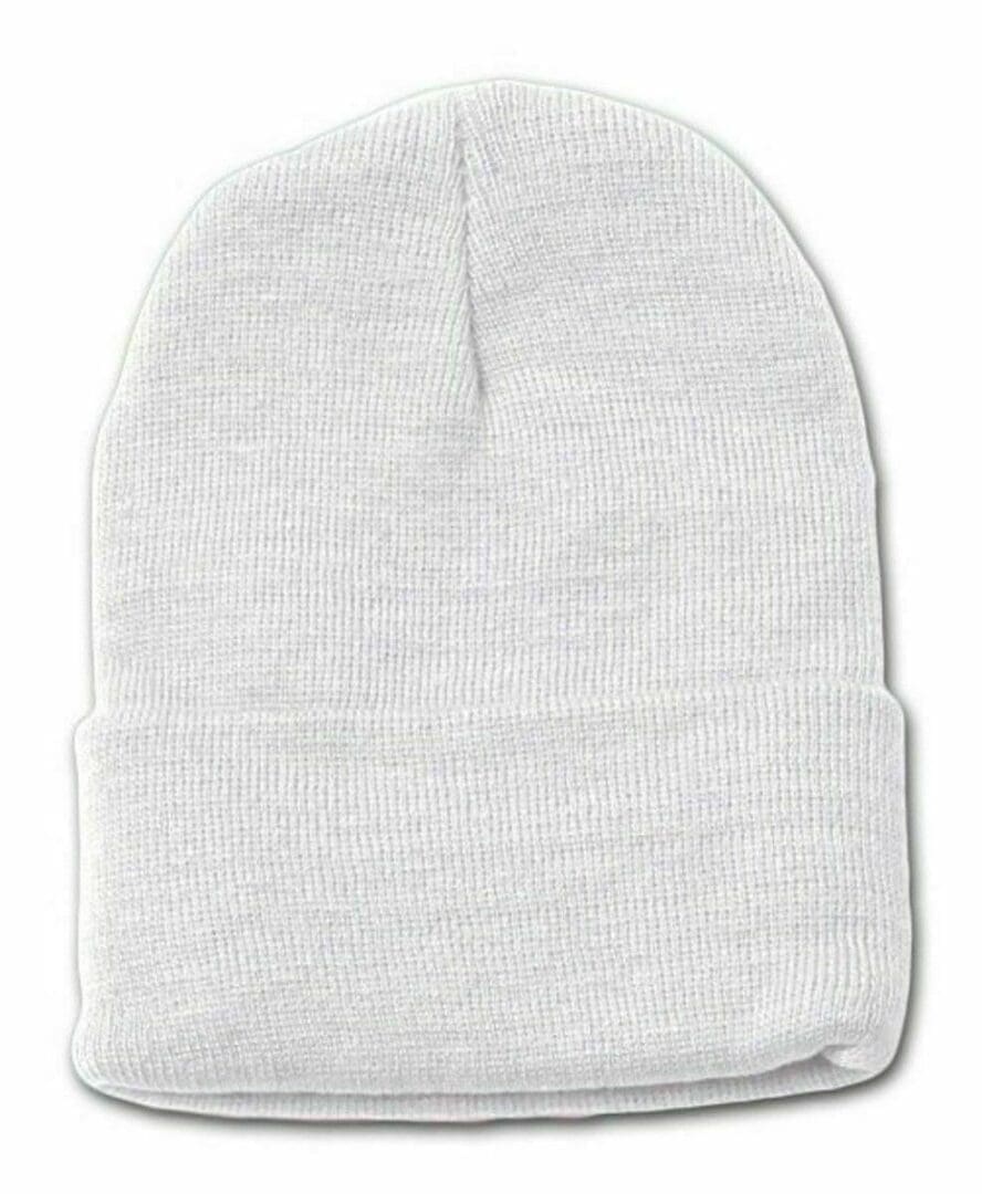 A white beanie hat with a white background.