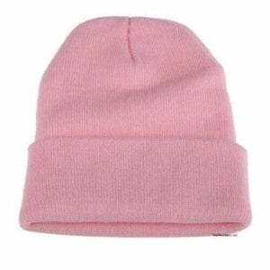 A pink beanie hat is shown from the front.