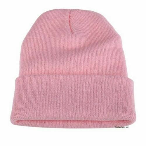 A pink beanie hat is shown from the front.