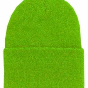 A neon green beanie hat with a white background