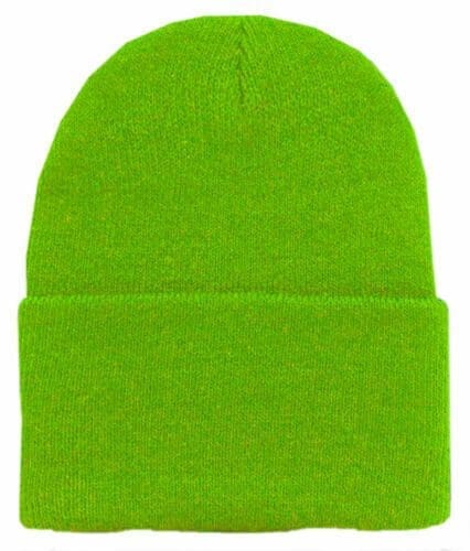 A neon green beanie hat with a white background