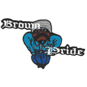 A blue and black patch with the words brown bride