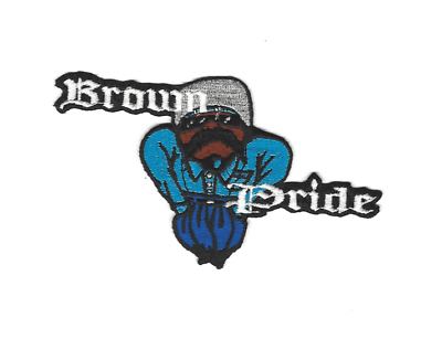 A blue and black patch with the words brown bride