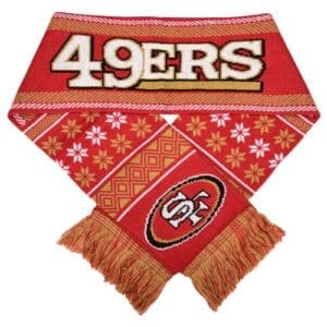 A red and gold scarf with the word 4 9 ers on it.