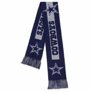 A blue and white scarf with the word cowboys on it.