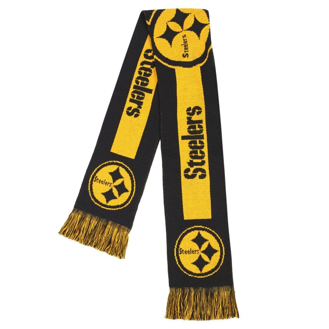 A steelers scarf is shown in black and yellow.