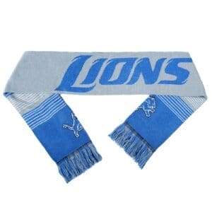 A lions scarf is shown in blue and white.