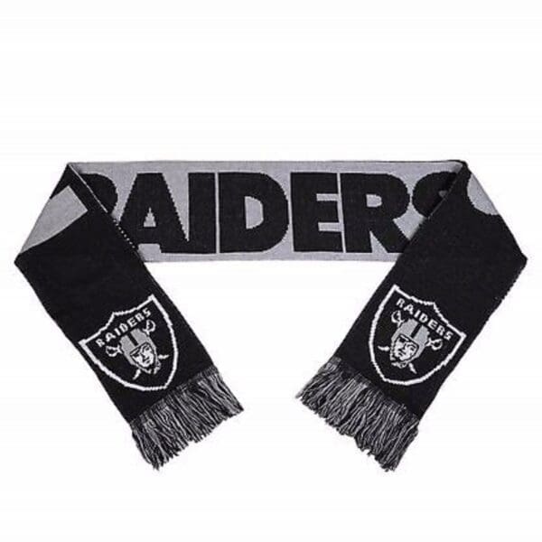 A raiders scarf is shown on the white and black background.