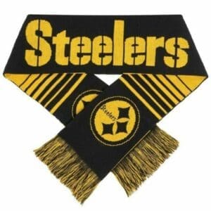 A black and yellow scarf with the word " steelers ".