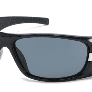 A pair of sunglasses with black frames and grey lenses.