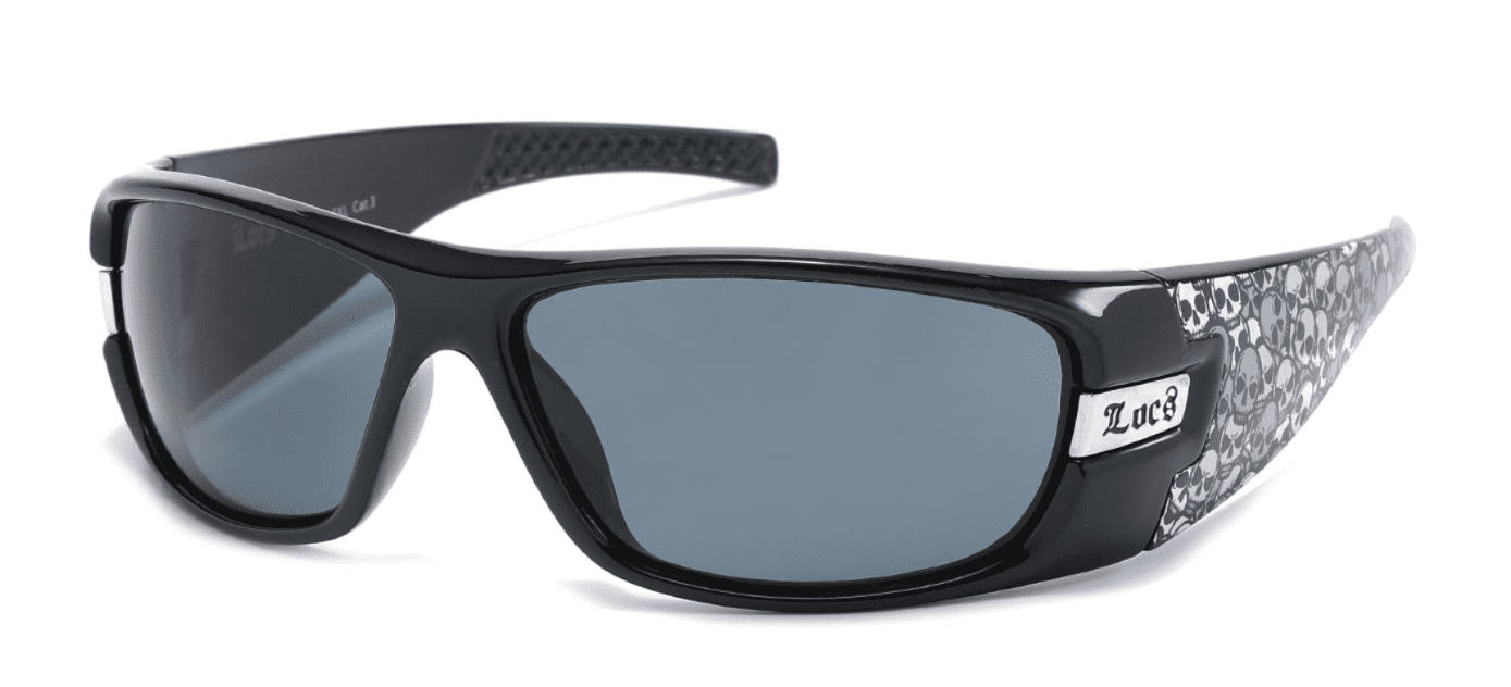 A pair of sunglasses with black frames and grey lenses.