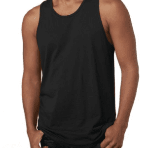 A man wearing black tank top with his hands in pockets.