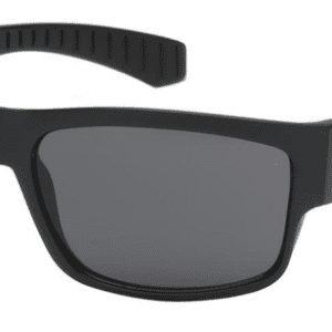 A pair of sunglasses with black frames and grey lenses.