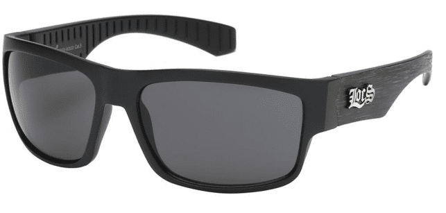 A pair of sunglasses with black frames and grey lenses.