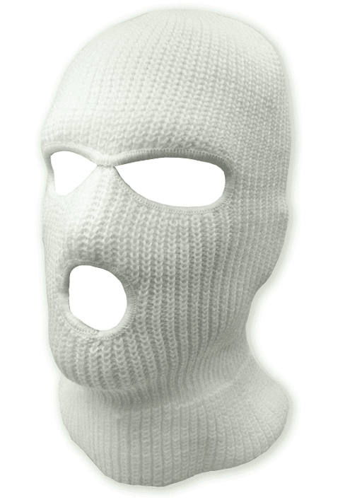 A white knitted ski mask with holes in it.