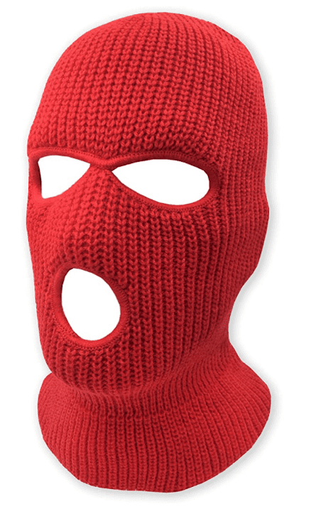 A red knitted ski mask is shown.