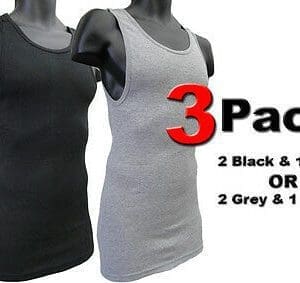 A black and grey tank top next to another white tank.