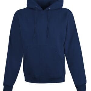 A navy blue hoodie with a white logo on the front.