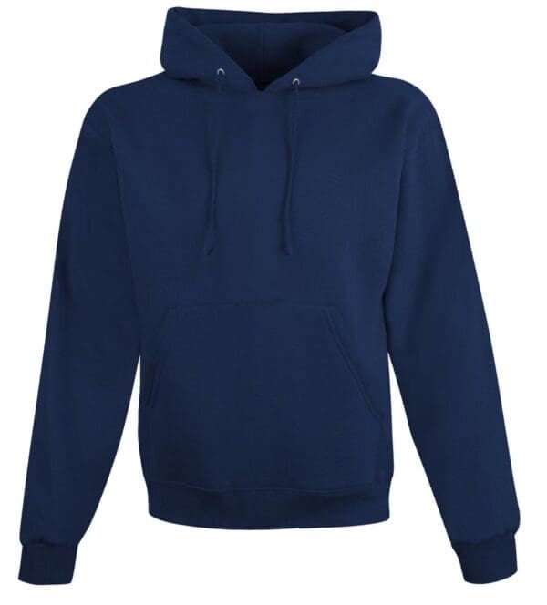 A navy blue hoodie with a white logo on the front.