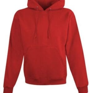 A red hoodie with a white logo on it.
