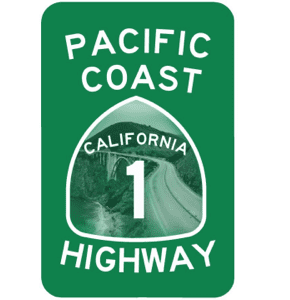 A green sign with the words " pacific coast highway 1 california."