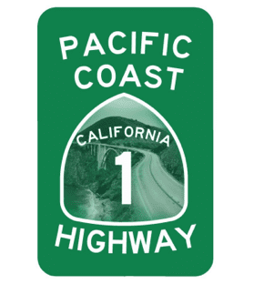 A green sign with the words " pacific coast highway 1 california."