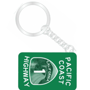 A green highway sign keychain with the words " california 1 " and " pacific coast highway ".