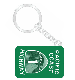 A green highway sign keychain with the words " california 1 " and " pacific coast highway ".