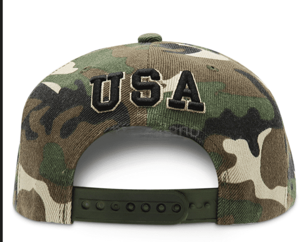 Camouflage USA baseball cap back view.