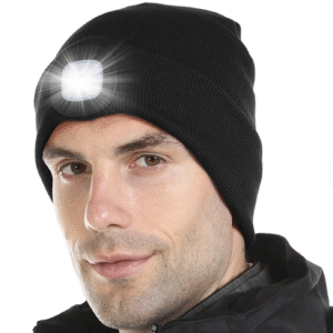 “Light up rechargeable LED beanie hat with built-in USB headlamp for winter outdoor use.”