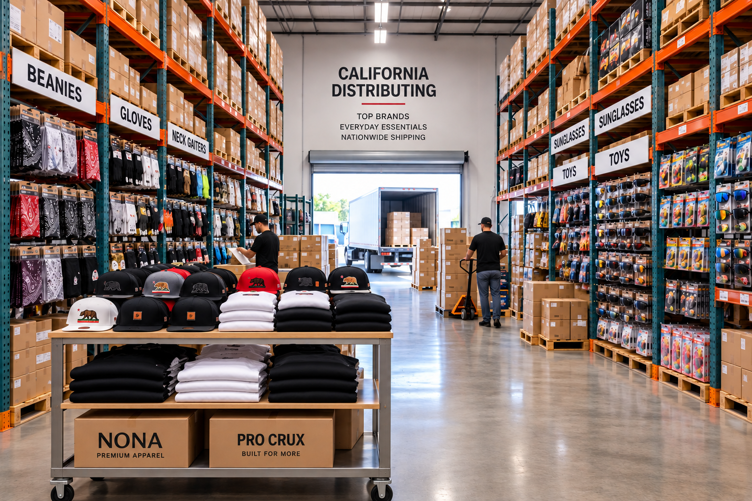California Distributing wholesale warehouse with caps, apparel, sunglasses and accessories